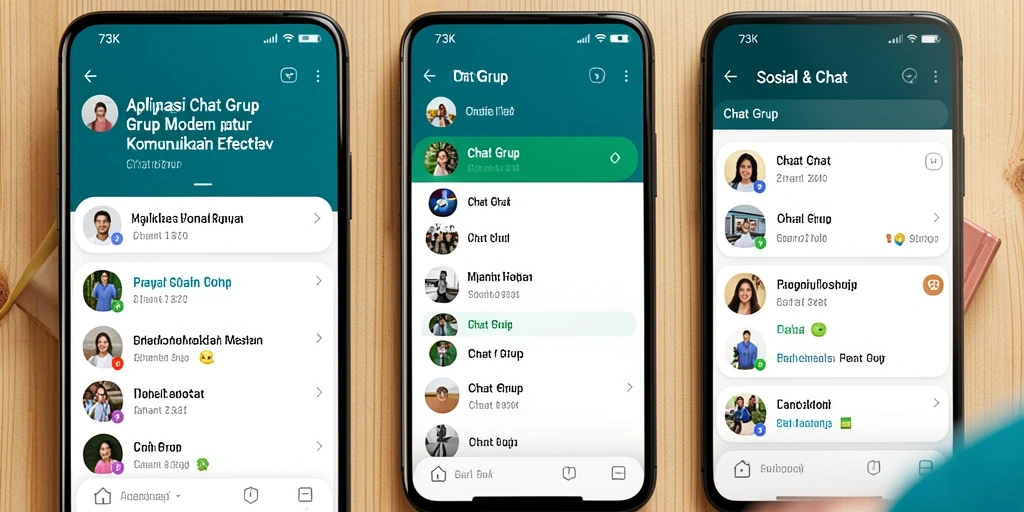 Antarmuka aplikasi 73K menampilkan tampilan chat grup yang dinamis dan menarik.