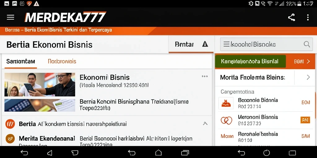 Antarmuka aplikasi MERDEKA777 menampilkan informasi ekonomi dan bisnis yang lengkap.